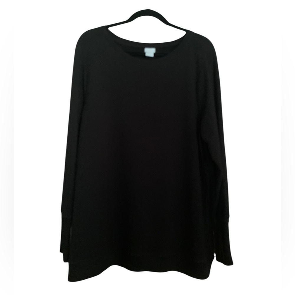 Chicos Zenergy Black Lyocell Soft Cozy Black Long Sleeve Ribbed Trim Top Sz 2